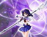  back_bow bishoujo_senshi_sailor_moon black_hair bob_cut bow brown_bow earrings elbow_gloves frown gloves holding holding_spear holding_weapon ito jewelry magical_girl pleated_skirt polearm purple_eyes purple_sailor_collar purple_skirt ribbon sailor_collar sailor_saturn sailor_senshi_uniform serious short_hair silence_glaive skirt solo spear tiara tomoe_hotaru weapon white_gloves zoom_layer 