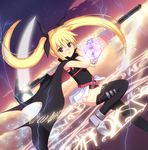  bardiche black_legwear blonde_hair fate_testarossa gloves hair_ribbon highres koyama_tomosato leg_up long_hair lyrical_nanoha magic_circle mahou_shoujo_lyrical_nanoha red_eyes ribbon scythe solo thighhighs twintails very_long_hair weapon 