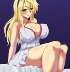  absurdres bare_shoulders blonde_hair blue_eyes blush breasts freezing hairband highres large_breasts legs long_hair open_mouth satellizer_el_bridget sitting solo thick_thighs thighs yamaneko_ken 