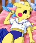  bed brown_eyes face_markings female g-sun on_back pikachu pillow pok&eacute;mon pok&eacute;morph removed_clothing school_uniform schoolgirl_uniform solo tail yellow 