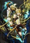  1girl absurdres aguren aqua_eyes bad_id bad_pixiv_id blonde_hair brother_and_sister detached_sleeves hair_ornament hair_ribbon hairclip headphones highres kagamine_len kagamine_len_(append) kagamine_rin kagamine_rin_(append) leg_warmers microphone navel ribbon short_hair shorts siblings twins vocaloid vocaloid_append 