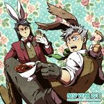  alice_in_wonderland animal_ears black_hair blue_eyes boots bunny_ears castlevania castlevania:_circle_of_the_moon cup flower formal gloves grey_eyes hugh_baldwin long_hair makihara male_focus multiple_boys nathan_graves pants pink_flower pink_rose pocket_watch red_flower red_rose rose silver_hair suit tea teacup teapot watch 