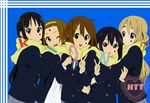  :d ;d akiyama_mio black_hair blonde_hair blue_background blue_eyes brown_eyes brown_hair copyright_name facepaint green_eyes highres hirasawa_yui japan japanese_flag k-on! kotobuki_tsumugi long_sleeves looking_at_viewer multiple_girls nakano_azusa one_eye_closed open_mouth scarf shared_scarf simple_background smile tainaka_ritsu torasen_(artist) 