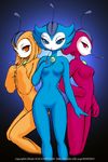  2000 blue blue_eyes breasts dr_comet female orange_eyes pink pink_eyes standing trio unknown_character unknown_species yellow 