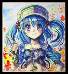  adapted_costume bad_id bad_pixiv_id blue_eyes blue_hair crop_top hair_bobbles hair_ornament hat kabutoyama kawashiro_nitori key marker_(medium) pointing shikishi short_hair smile solo touhou traditional_media two_side_up upper_body 