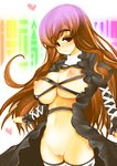  breasts brown_hair dress eyebrows gradient_hair heart hijiri_byakuren large_breasts light_smile long_hair mabuchoco_m multicolored_hair navel nipples no_bra no_panties open_clothes open_dress purple_eyes pussy solo sorcerer's_sutra_scroll thighhighs touhou two-tone_hair uncensored 