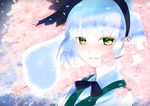  bad_id bad_pixiv_id black_hairband blue_hair blush cherry_blossoms colored_eyelashes face flower ghost green_eyes hairband hitodama konpaku_youmu konpaku_youmu_(ghost) light_smile looking_at_viewer petals portrait short_hair solo touhou upper_body white_hair yamada_ranga 