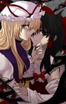  bad_id bad_pixiv_id black_hair blonde_hair blue_eyes blurry chin_grab depth_of_field esythqua eyes face-to-face gap hair_over_one_eye hair_tubes hakurei_reimu hat long_hair multiple_girls nail_polish profile purple_eyes red_eyes touhou upper_body yakumo_yukari yuri 