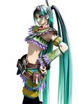  1girl 3d breasts calne_ca capcom deino detached_sleeves green_hair highres insect isopod karune_calcium maeda_koutarou midriff monster_hunter monster_hunters qurupeco_(armor) simple_background solo twintails underboob 