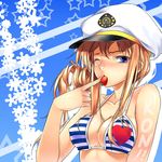  bad_id bad_pixiv_id bikini bikini_top blonde_hair blue_eyes breasts cleavage covered_nipples food fruit hat heart icqoo k-on! kotobuki_tsumugi listen!! long_hair medium_breasts one_eye_closed solo strawberry striped striped_bikini striped_swimsuit sun_tattoo swimsuit tan 