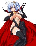  arsene blue_hair boots breast_press breasts cape cleavage crown elbow_gloves gloves henriette_mystere highleg highleg_leotard hips large_breasts leotard mask navel nekomamire purple_eyes simple_background solo tantei_opera_milky_holmes thigh_boots thighhighs 