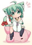  ahoge animal_ears bad_id bad_pixiv_id bell bell_collar cat_ears cat_tail chibi collar green_eyes green_hair jingle_bell kuroneko_liger off_shoulder original pillow ribbon sleeves_past_wrists socks solo tail tail_ribbon zipper 