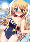  aqua_eyes blonde_hair blush competition_swimsuit little_busters! long_hair name_tag one-piece_swimsuit solo sun swimsuit teec tokido_saya very_long_hair wardrobe_malfunction 
