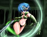  armor bikini_armor blue_eyes blue_hair chaos_angels circlet dragon_tail elbow_gloves fangs gloves lizard_girl monster_girl navel open_mouth ouhaku pauldrons personification reaching solo sword tail weapon 
