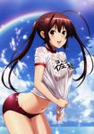  absurdres breasts brown_eyes brown_hair buruma gokurakuin_sakurako gym_uniform highres large_breasts lens_flare midriff musubi navel rainbow sekirei shiny shiny_skin shirt shirt_tug slender_waist smile solo taut_clothes taut_shirt translated wet 