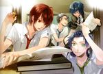  amaha_tsubasa artist_request blue_eyes book brown_eyes brown_hair glasses green_hair headphones mizushima_iku multiple_boys necktie pen purple_hair school_uniform shiranui_kazuki shirt smile starry_sky_(game) telescope tomoe_you 