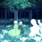  1girl bad_id bad_pixiv_id blonde_hair bow bush doll dress elisabeth_von_wettin flower flower_wreath foliage forest glowing_flower hair_bow hair_flower hair_ornament happy head_wreath kneeling long_sleeves looking_at_another low_ponytail marchen marchen_von_friedhof natsuki_(nacchinachi) nature night on_ground own_hands_together pants sash shoe_soles shoes sitting sound_horizon tree under_tree white_hair younger 