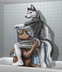  anthro balls bath canine couple dog duo gay heterochromia husky male mammal towel water wookiee wookiee_(artist) 