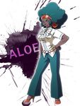  afro aloe_(pokemon) bad_id bad_pixiv_id belt big_hair breasts character_name dark_skin green_hair gym_leader hairband hand_on_hip high_heels jyajya lipstick makeup medium_breasts pants pokemon pokemon_(game) pokemon_bw shoes short_sleeves smile solo very_dark_skin 