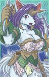 armor big_breasts breasts cleavage dagger female horns legend_of_mana ryou sierra solo torn_clothing underwear weapon 
