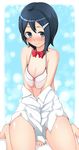  bad_id bad_pixiv_id between_thighs blue_eyes blue_hair blush bow bra breast_squeeze breasts cleavage dress_shirt hair_ornament hairclip idolmaster idolmaster_dearly_stars kazuto_san lingerie mizutani_eri open_clothes open_shirt shirt short_hair sitting small_breasts smile solo underwear undressing wariza 