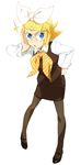  adjusting_eyewear black_legwear blonde_hair blue_eyes glasses hair_ornament hair_ribbon hairclip highres kagamine_rin mitosa office_lady pantyhose pencil_skirt ribbon short_hair skirt solo vocaloid 