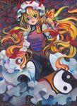  blonde_hair bow bug butterfly butterfly_on_hand dated dress eyes gap hair_bow hat insect long_hair mosho oil_painting_(medium) open_mouth smile solo tabard touhou traditional_media trigram yakumo_yukari yellow_eyes yin_yang 