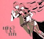  1girl black_legwear boots character_name couple dual_persona genderswap hetero highres image_sample kunieda_(miniaturegarden) long_hair md5_mismatch megurine_luka megurine_luki pink pixiv_sample skirt thighhighs vocaloid 