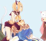  2girls akiyoshi_(tama-pete) animal animal_ears animal_on_head bad_id bad_pixiv_id blush cat cat_ears cat_on_head kagamine_rin kaito long_hair megurine_luka megurine_luka_(toeto) multiple_girls on_head peeking_out tail toeto_(vocaloid) vocaloid 