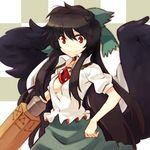  arm_cannon breasts brown_hair cape checkered checkered_background long_hair medium_breasts nerugal no_bra open_clothes open_shirt red_eyes reiuji_utsuho shirt smile solo third_eye touhou upper_body very_long_hair weapon wings 