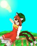  absurdres animal_ears bad_anatomy blue_sky bow bowtie brown_eyes brown_footwear brown_hair cat_ears cat_tail chen day dress green_hat grin hand_up hat highres jewelry lens_flare long_sleeves looking_at_viewer mob_cap mroilman multiple_tails nekomata outdoors red_dress shirt short_hair single_earring sitting sky smile socks solo tail teeth touhou two_tails white_legwear white_shirt yellow_neckwear 