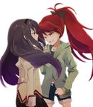  akemi_homura angry bad_id bad_pixiv_id black_hair blue_eyes bow clenched_hand clenched_teeth hair_bow long_hair mahou_shoujo_madoka_magica masui mitakihara_school_uniform multiple_girls navel ponytail red_eyes red_hair sakura_kyouko school_uniform shirt_grab shorts simple_background teeth 