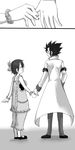  1girl coat cobra_(fairy_tail) comic couple fairy_tail frills greyscale hands hetero holding_hands kinana_(fairy_tail) monochrome reverse_trap smile spiked_hair spoilers sunano_sasori 