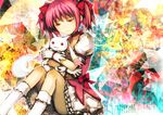  :3 abstract_background bow colorful crying crying_with_eyes_open gloves hair_bow highres kaname_madoka kyubey mahou_shoujo_madoka_magica pink_eyes pink_hair red_eyes short_hair short_twintails sitting skirt socks tears tsuchiya_akira twintails 