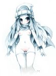  breasts cropped_legs emperpep graphite_(medium) hair_ornament hat hikari_(pokemon) hips long_hair looking_at_viewer mixed_media monochrome naked_scarf navel nipples nude pokemon pussy scarf signature small_breasts solo spot_color sweatband thigh_gap thighhighs traditional_media white_background wide_hips wristband 