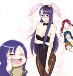  animal_ears bad_id bad_pixiv_id blush breasts bunny_ears bunnysuit cleavage closed_eyes drooling glasses hanasaki_tsubomi heartcatch_precure! highres kurumi_erika kurumi_momoka long_hair medium_breasts multiple_girls myoudouin_itsuki pantyhose precure purple_eyes purple_hair saliva sowki tsukikage_yuri 