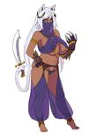  animal_ears barefoot breasts copyright_request curvy dark_skin hand_on_hip hero_(do-belman) highres jewelry large_breasts lowleg lowleg_panties navel_piercing original panties piercing simple_background solo sword tail underwear weapon wide_hips 