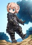  :3 aqua_eyes bad_id bad_pixiv_id boots broiler final_fantasy final_fantasy_xiv gloves lalafell pointy_ears smile solo tree twintails 