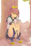  book bookmark bow brown_hair hair_bow kneehighs original school_uniform serafuku shoes sitting solo tree uwabaki yellow_eyes 