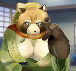  2019 anthro black_nose blush brown_fur canid canine clothing fur gyobu hat hi_res humanoid_hands leaf male mammal moobs overweight overweight_male raccoon_dog rio33599285 robe scar solo tanuki tokyo_afterschool_summoners video_games 