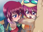  blue_eyes blush censored fiona_gureden goggles hat mizuho_saiki purple_eyes raburebo red_hair short_hair super_robot_wars tongue 