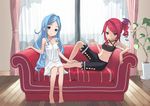  2girls barefoot black_shorts blue_eyes blue_hair blush breasts chiroru_(7450n) couch curtains drapes dress female flat_chest hair_ornament highres long_hair looking_at_viewer midriff multiple_girls open_mouth original pants plant potted_plant red_drapes red_eyes red_hair red_upholstery sheer_curtains shorts side_ponytail sitting smile tube_top tubetop white_dress 