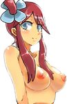  1girl artist_request blue_eyes breasts buredoran fuuro_(pokemon) gym_leader lowres nipples nude pokemon pokemon_(game) pokemon_black_and_white pokemon_bw red_hair short_hair simple_background smile solo 