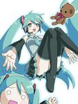  3to2 :d aqua_eyes aqua_hair boots bow bowtie detached_sleeves hachune_miku hatsune_miku headset long_hair multiple_girls necktie open_mouth simple_background skirt smile stuffed_animal stuffed_toy teddy_bear thigh_boots thighhighs twintails very_long_hair vocaloid 