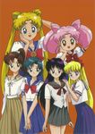  6+girls 6girls aino_minako bishoujo_senshi_sailor_moon black_hair blonde_hair blue_hair bow brooch brown_hair chibi_usa child friends hair_bobbles hair_bow hair_ornament hairbow hino_rei jewelry kino_makoto long_hair mizuno_ami multiple_girls official_art pink_hair ponytail pose school_uniform serafuku short_hair simple_background skirt tongue tsukino_usagi twintails 