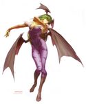  absurdres arched_back bangs bare_shoulders bat bat_wings boots breasts bridal_gauntlets character_name christine_choi cleavage demon_girl fur_trim green_hair head_wings highleg highleg_leotard highres knee_boots leotard long_hair looking_at_viewer lossy-lossless medium_breasts morrigan_aensland official_art outstretched_arm pantyhose print_legwear purple_legwear scan simple_background solo standing succubus udon_entertainment vampire_(game) white_background wings 