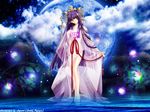  blue blue_hair crown flower full_moon gold kao_no_nai_tsuki kuraki_suzuna leaf long_hair moon purple_hair sky solo third-party_edit transparent wallpaper water yellow_eyes 