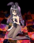  akemi_homura animal_ears black_eyes black_hair black_leotard braid bunny_ears bunnysuit fishnet_pantyhose fishnets glasses kneeling leotard long_hair mahou_shoujo_madoka_magica masakichi_(crossroad) pantyhose red-framed_eyewear solo spoilers twin_braids twintails 