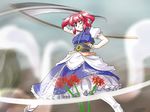  breasts flower hair_bobbles hair_ornament japanese_clothes medium_breasts one_eye_closed onozuka_komachi pink_hair red_eyes scythe short_hair solo spider_lily supon touhou two_side_up weapon 