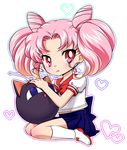  asahi_haru back_bow bishoujo_senshi_sailor_moon bow chibi_usa dress kneeling long_hair luna-p pink_hair pout red_eyes red_sailor_collar sailor_collar sailor_dress short_twintails solo twintails 